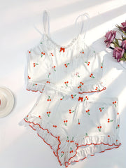 Cherry Print Pajama Set Lace Trim Cami Top & Ruffle Shorts
