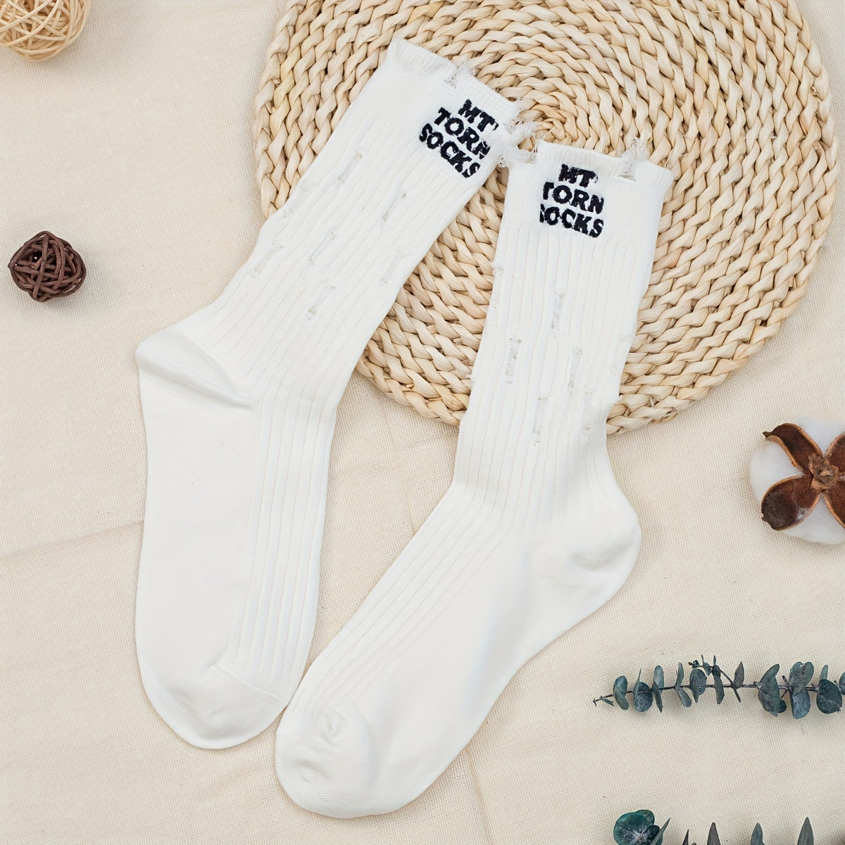 Letter Print Socks Comfy & Breathable Ripped Socks Women's Stockings