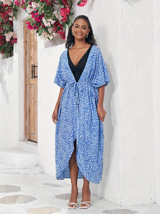  Boho Kimono Leopard Print Batwing Sleeve Cover Up