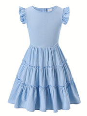 Girls Flutter Sleeve Ruffle A Line Dress Sweet Princess Style Sundress