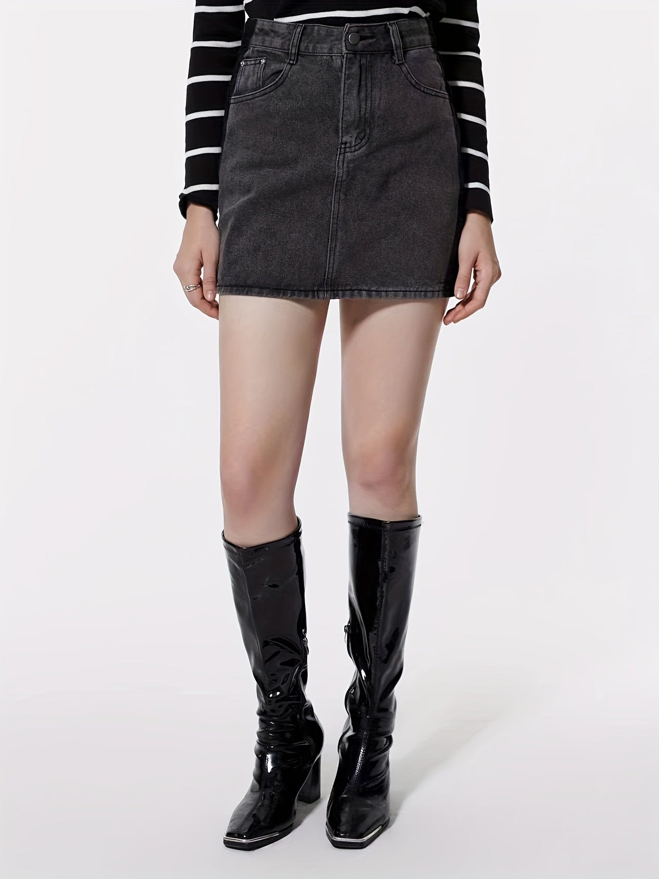 Dark Gray Denim Skirt with Slash Pockets