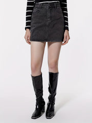 Dark Gray Denim Skirt with Slash Pockets