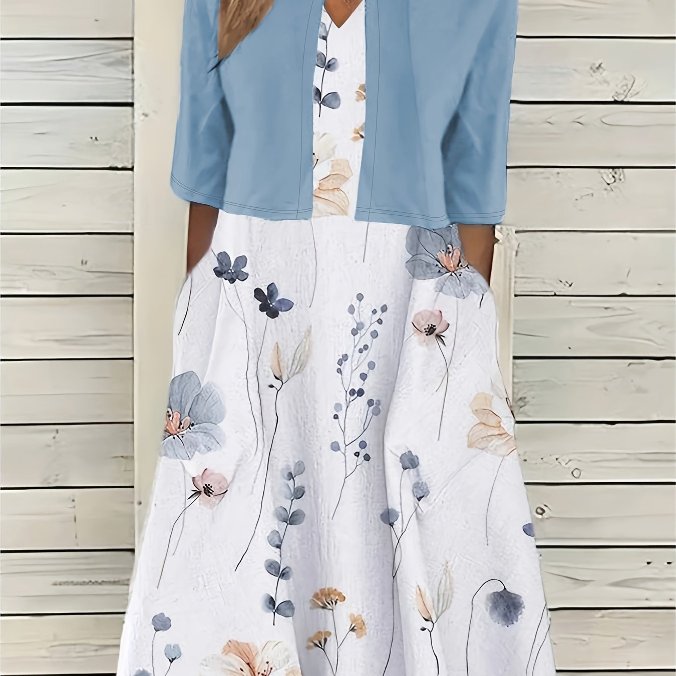 Floral Print Two Piece Dress Set Solid Crop Top & Crew Neck Dress