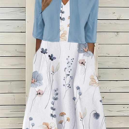 Floral Print Two Piece Dress Set Solid Crop Top & Crew Neck Dress