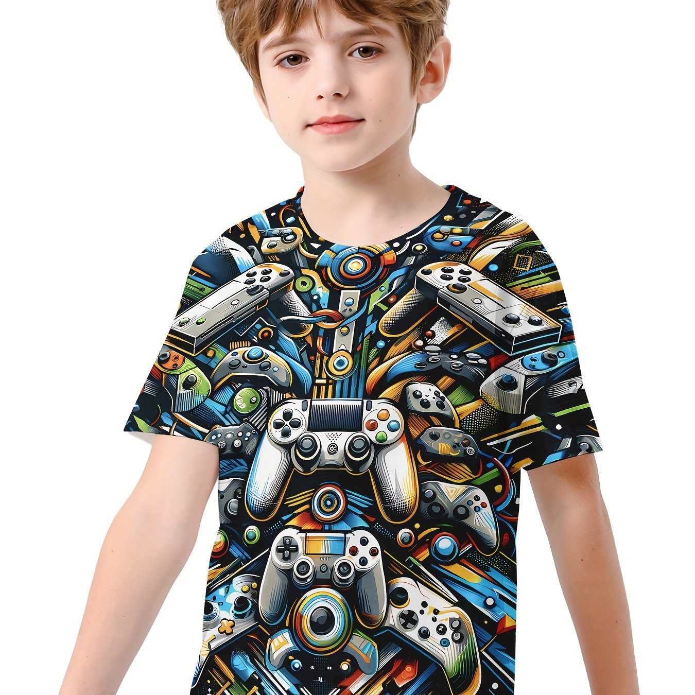 Gamepad 3D Print Boy's Casual Tee Short Sleeve Crew Neck T-shirt Kids