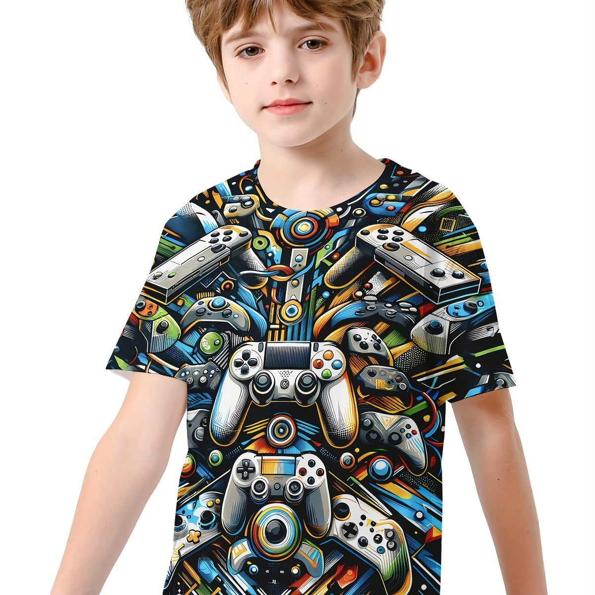 Gamepad 3D Print Boy's Casual Tee Short Sleeve Crew Neck T-shirt Kids
