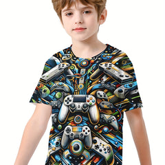 Gamepad 3D Print Boy's Casual Tee Short Sleeve Crew Neck T-shirt Kids