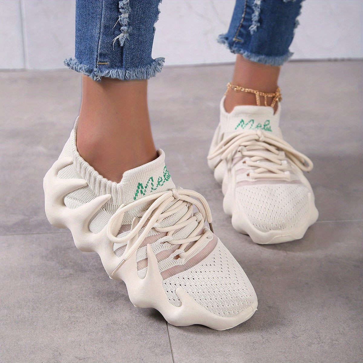 Women's Plaid Pattern Sneakers Low Lace Up Mesh Shoes