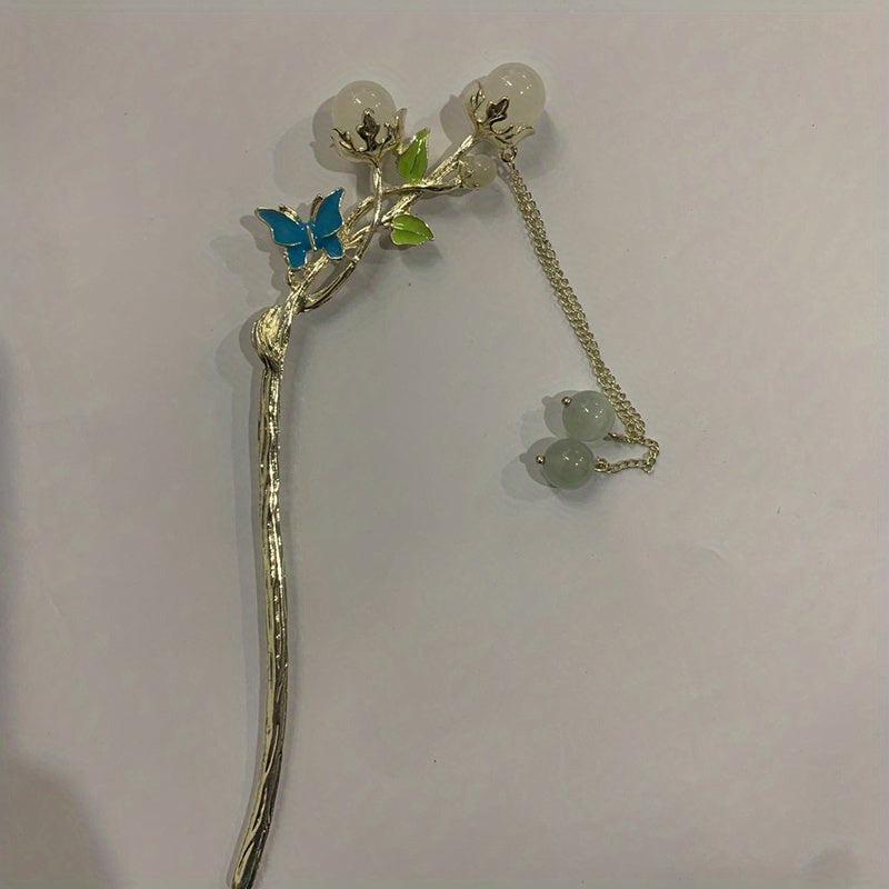 Colorful Butterfly Hair Stick with Faux Pearl Tassel
