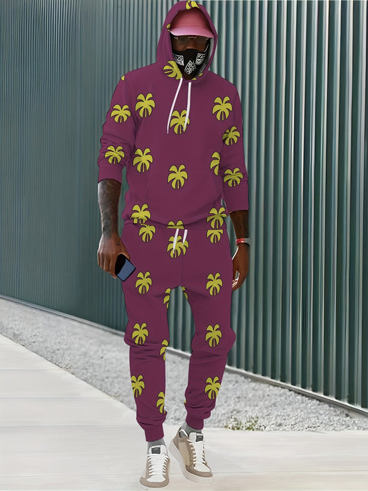 Flower Print Men's Casual Hoodie & Sweatpants Set