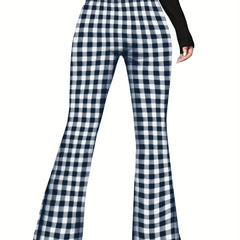 Women's Plus Plaid Elastic High Rise Flared Leg Trousers