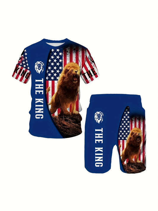 Lion & Flag Print 2-Piece Outfit for Men