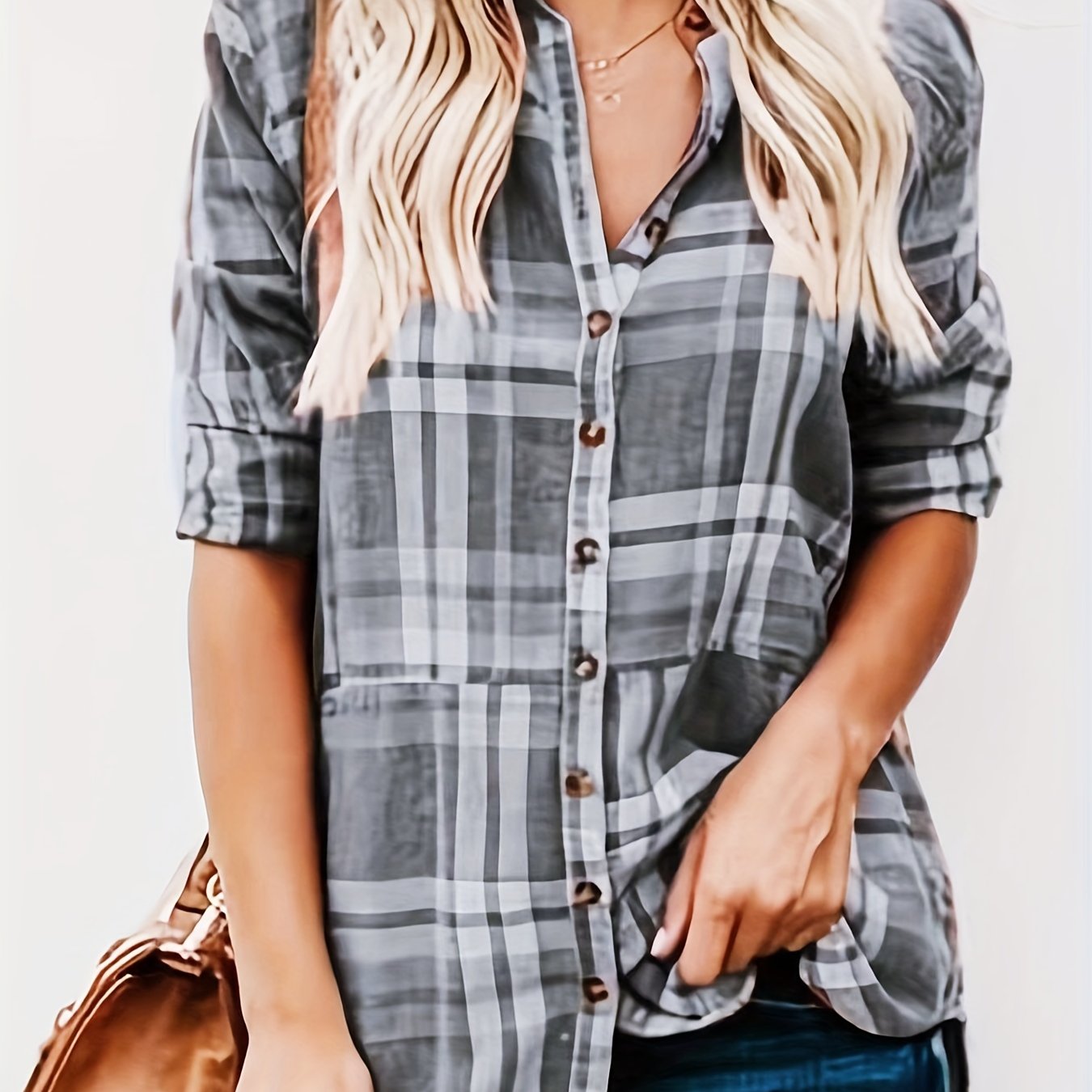  Plaid Print Button Up Long Sleeve Blouse