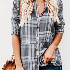  Plaid Print Button Up Long Sleeve Blouse
