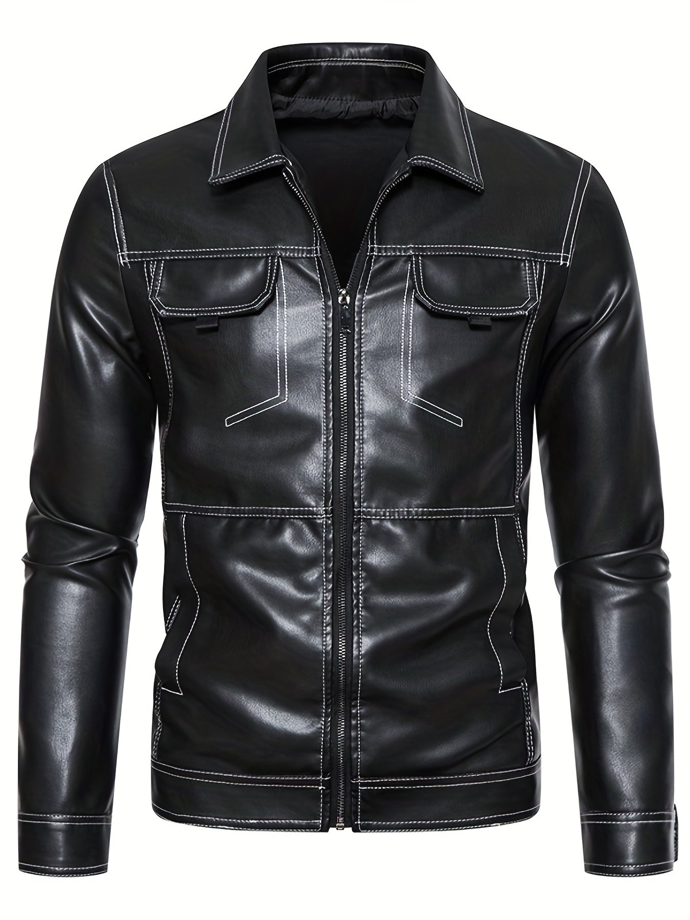 Men's Retro Motorcycle PU Leather Zip Up Jacket with Topstitch Lapel