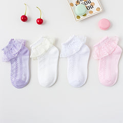 Girls Ruffle Lace Trim Ankle Cotton Socks, 4 Pairs