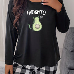 Women's Plus Cartoon Avocado & Letter Print Long Sleeve Round Neck Tee