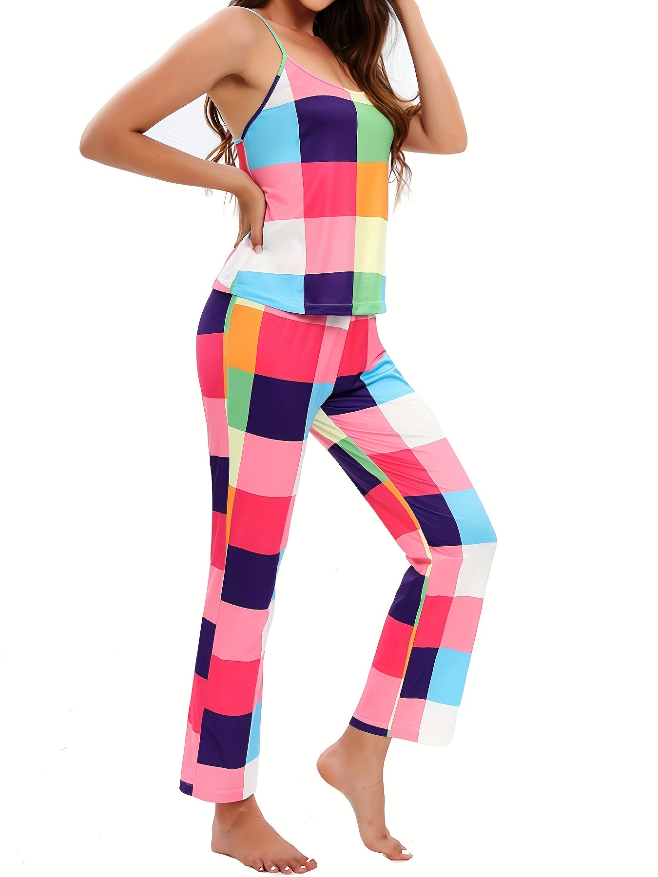Plaid Lounge Set Crew Neck Cami Top & Pants Women's Loungewear