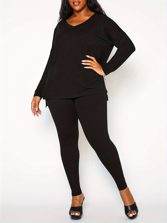  2-Piece Set Solid V Neck Top & Pants Outfits