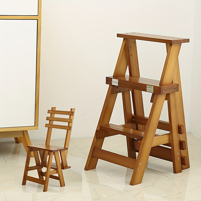 3-Layer Folding Ladder Stool Changing Chair Dual Purpose Wooden Ladder