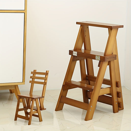 3-Layer Folding Ladder Stool Changing Chair Dual Purpose Wooden Ladder