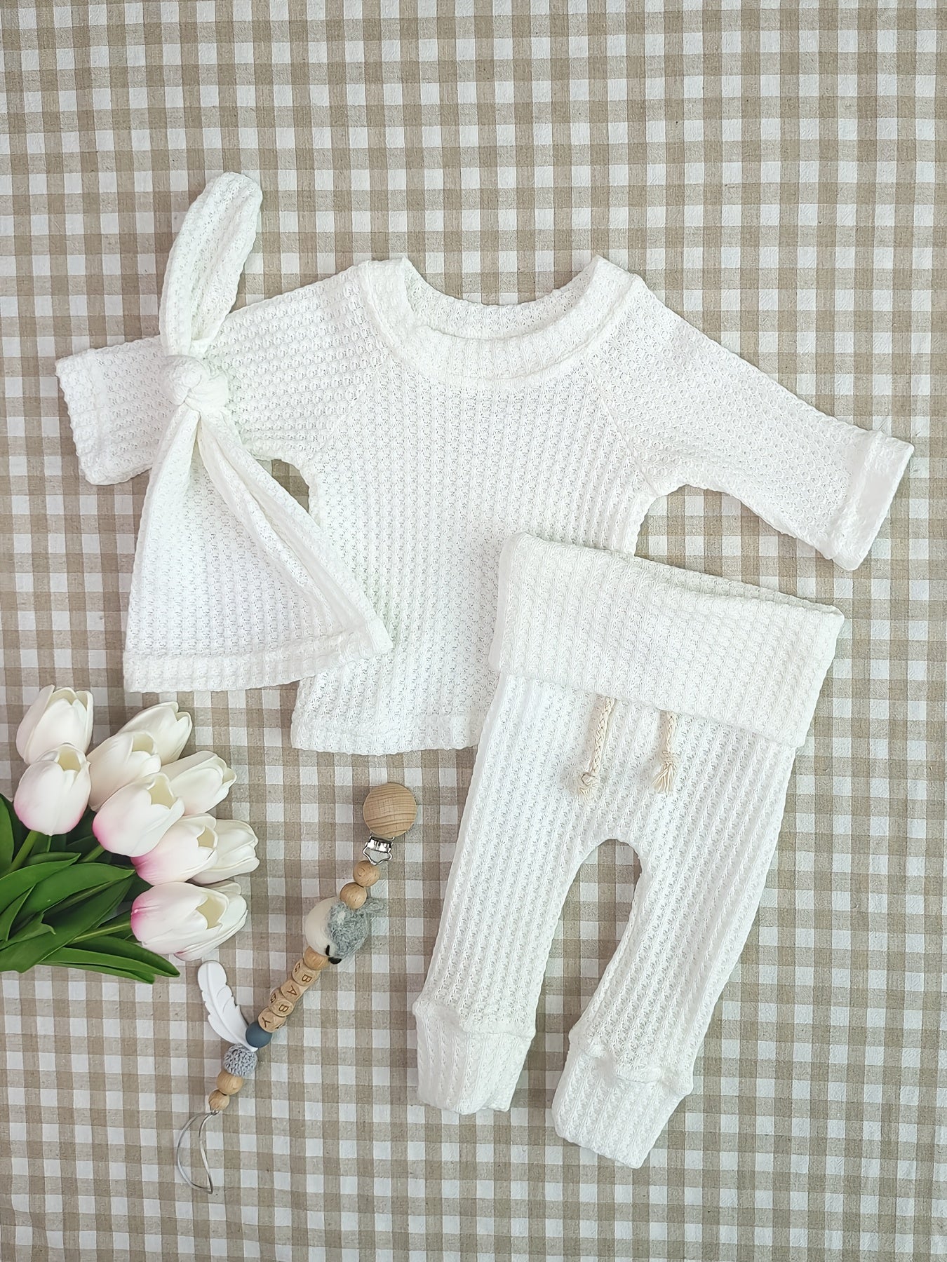 Unisex Baby Waffle Set Long Sleeve Top Trousers Hat 3pcs