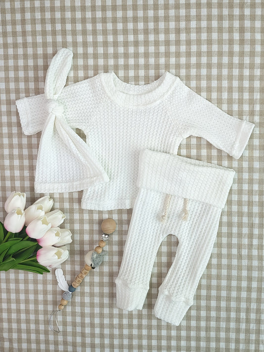 Unisex Baby Waffle Set Long Sleeve Top Trousers Hat 3pcs