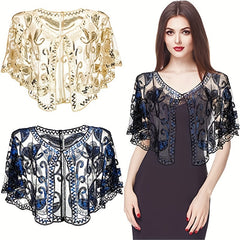 Sequin Embroidery Vintage Shawl Short Cape Mesh Cardigan Women Dress Accessories