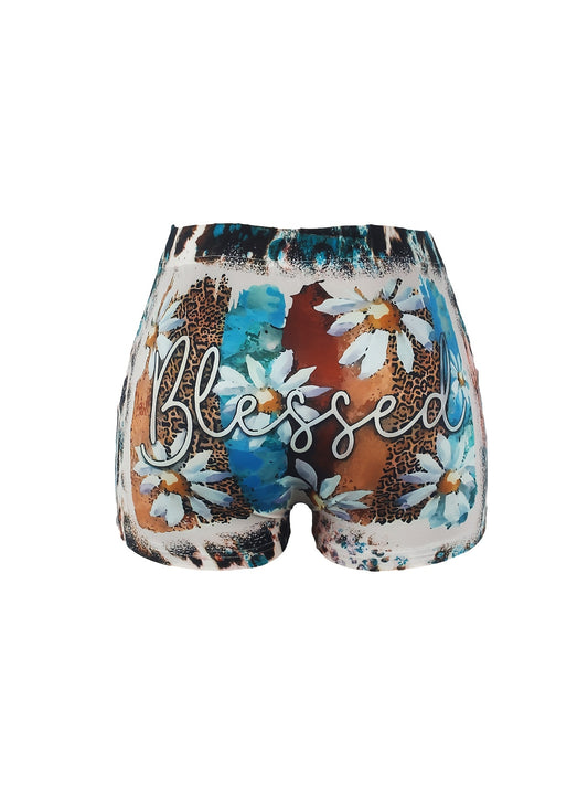 Letter & Floral Print Skinny Shorts for Women