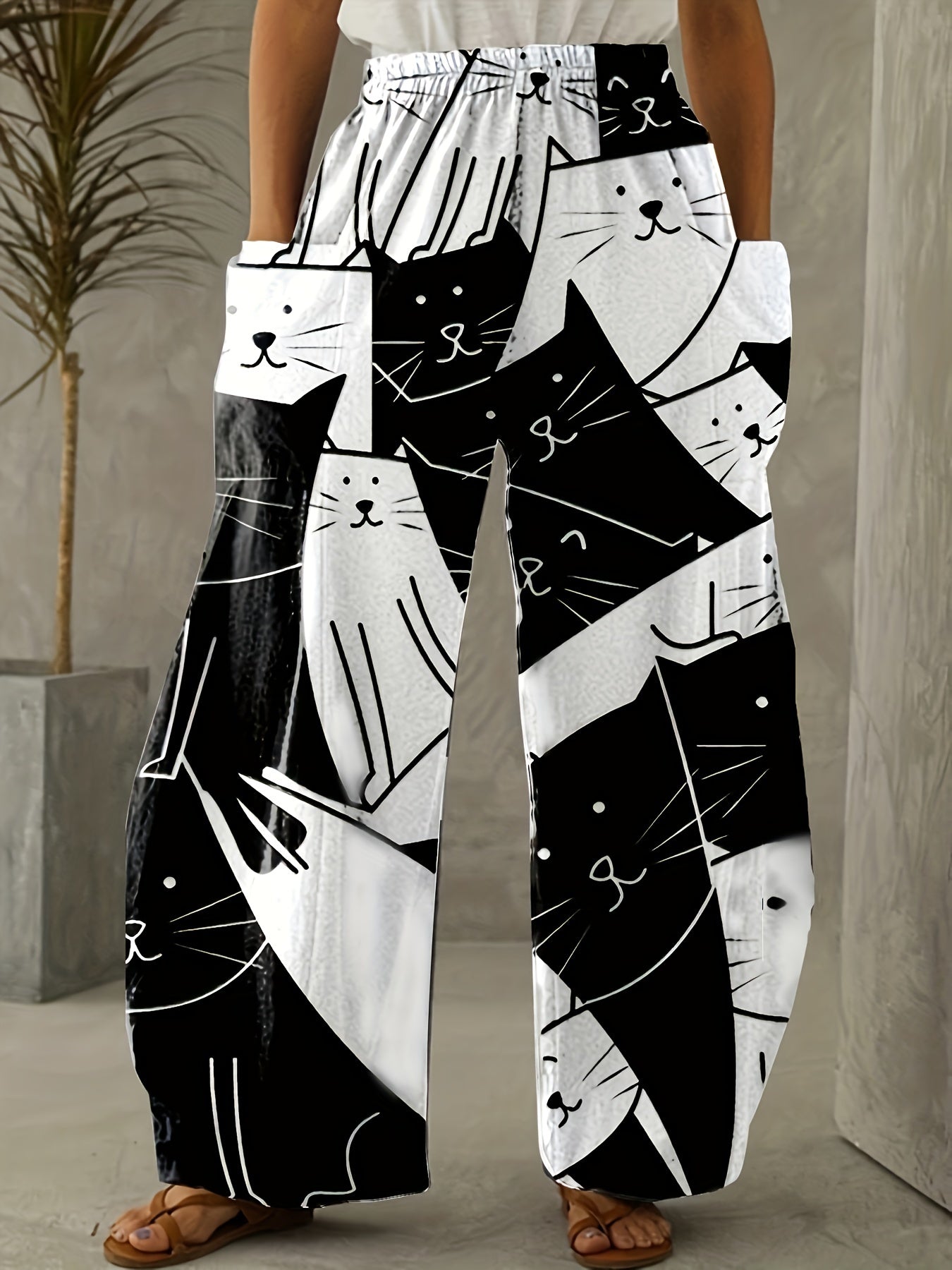  Cartoon Cat Print Wide Leg Pants