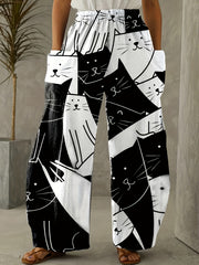  Cartoon Cat Print Wide Leg Pants
