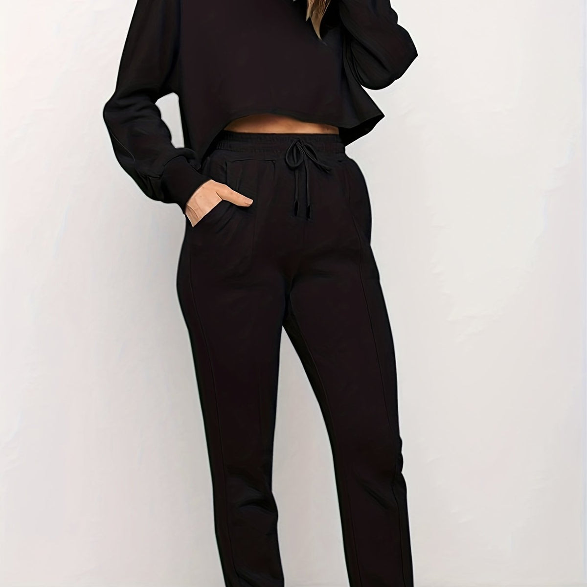 Plus Size Solid Long Sleeve Crop Top & Pants Set
