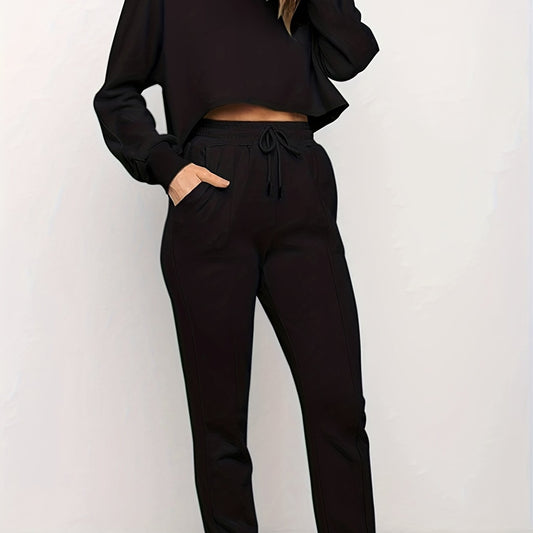 Plus Size Solid Long Sleeve Crop Top & Pants Set