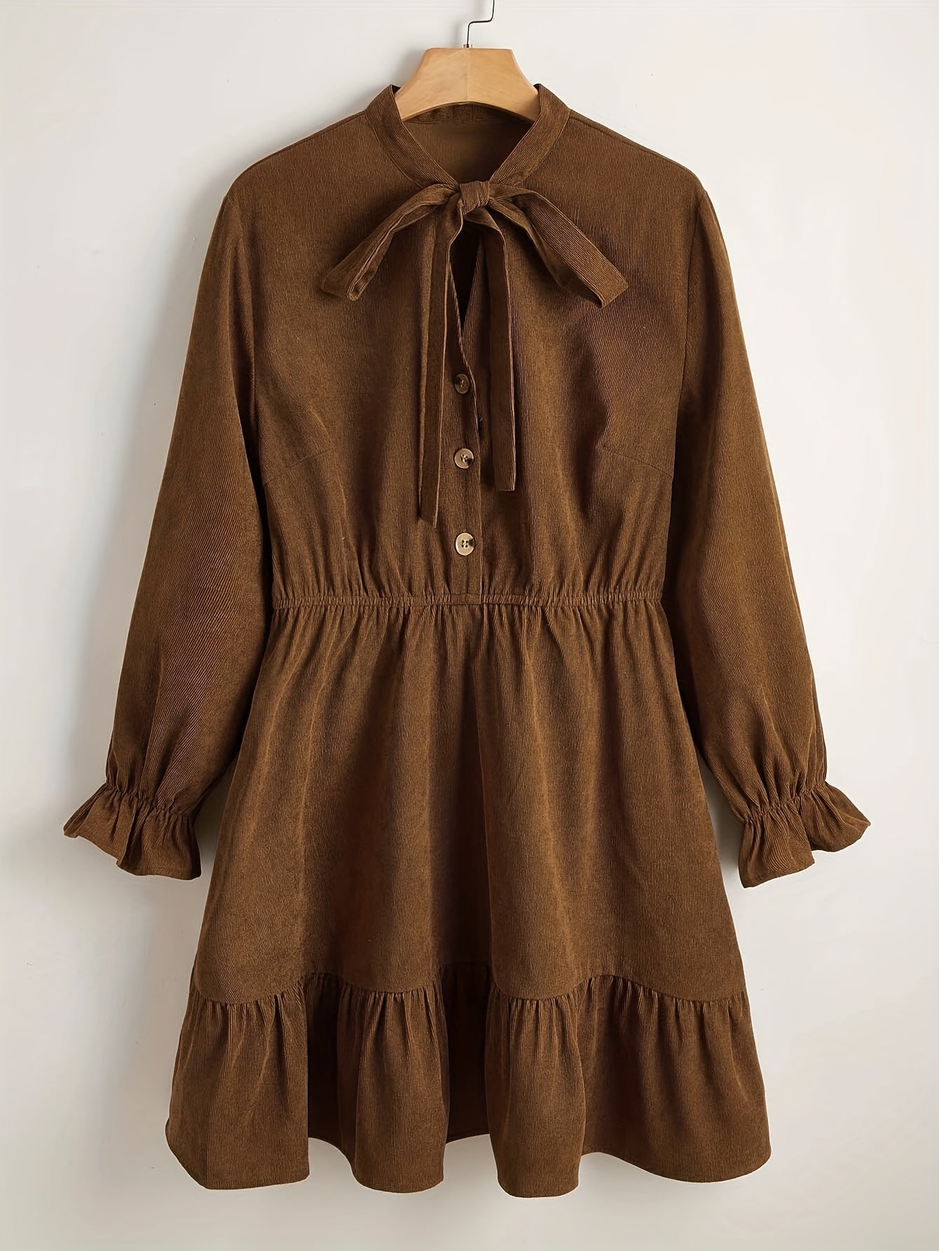  Solid Corduroy Flounce Button Up A line Mini Dress
