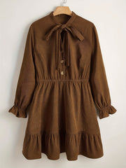  Solid Corduroy Flounce Button Up A line Mini Dress