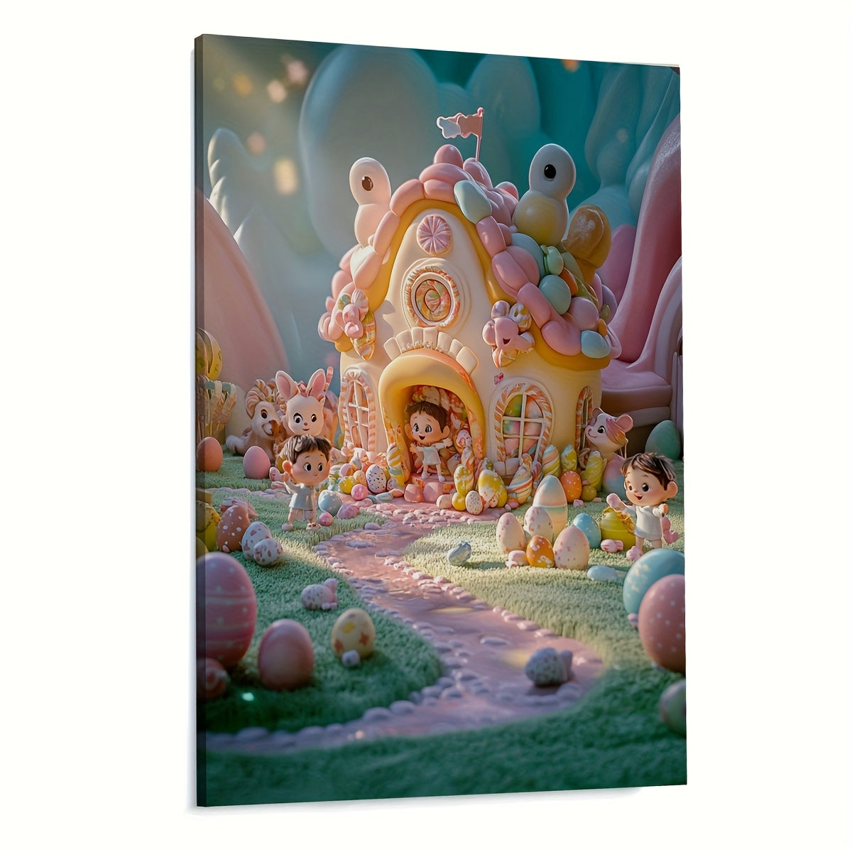 Enchanted Garden Canvas Art Wooden Frame Fairy Tale House Flowers Characters Bir