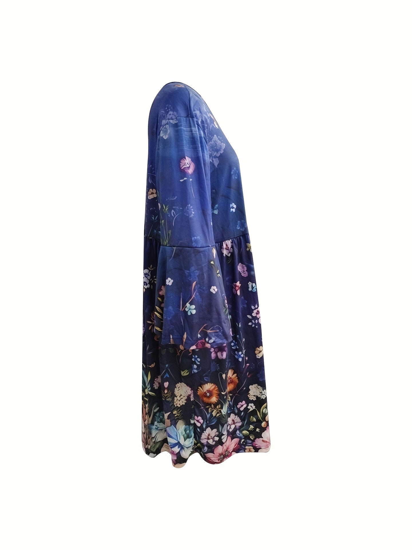  Casual Dress Women's Plus Floral Print Long Sleeve Smock Dress