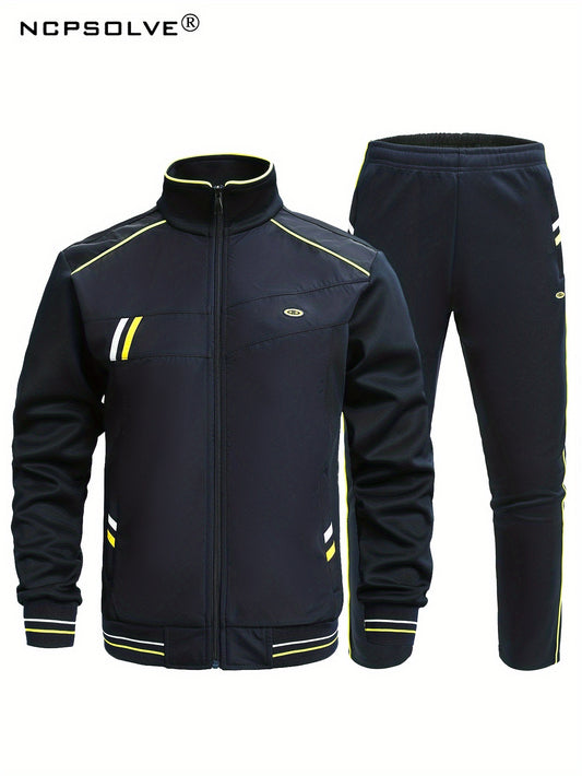 Men's Sports Suit with Striped Stand Collar Jacket & Active Pants