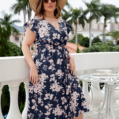  Women's Floral Ruffle Sleeve Midi Dress With Belt