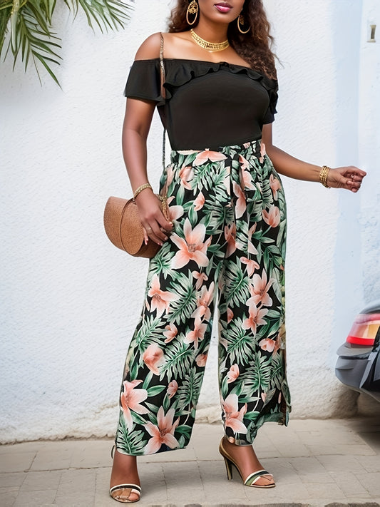 Plus Ruffle Trim Off Shoulder Top & Tropical Print Wide Leg