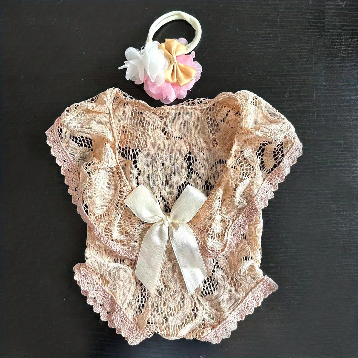 Baby Bow Lace Photography Suit Set Rose Red Beige Skin