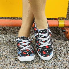 Women's Skull Printed Canvas Shoes Low Round Toe Lace Up Lightweight Comfy Shoes