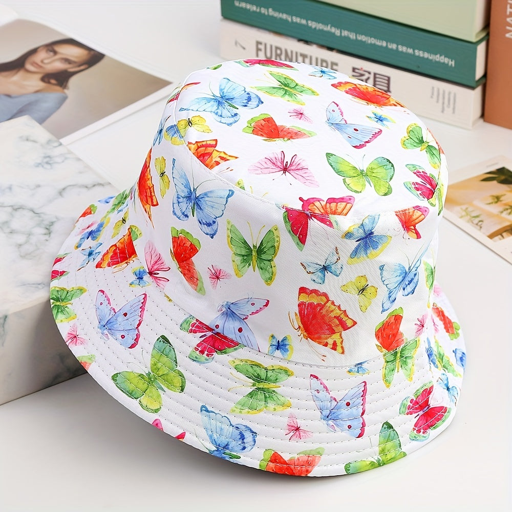 Kids Butterfly Print Sunshade Bucket Hat Outdoor Travel Vacation