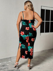  Tropical Print Ruffle Trim V Neck Bodycon Split Cami Dress
