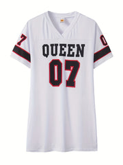 Queen Letter Print Mini Dress V Neck Casual Dress For Spring & Summer