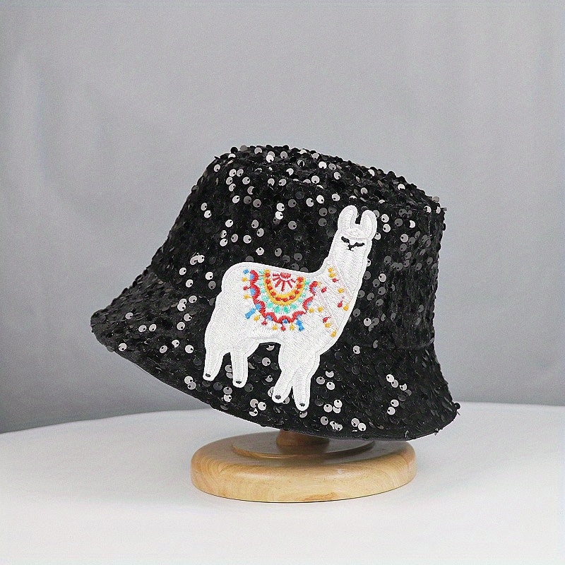 Alpaca Embroidery Sequin Bucket Hat Glitter Fisherman Cap