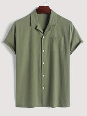 Men's Casual Short Sleeve Cotton Shirt Chest Pocket Summer Vacation Resort Tops
