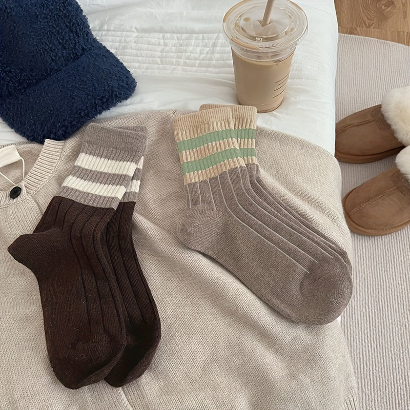 5 Pairs Striped Crew Socks Mid Tube Soft Stockings Women's Hosiery