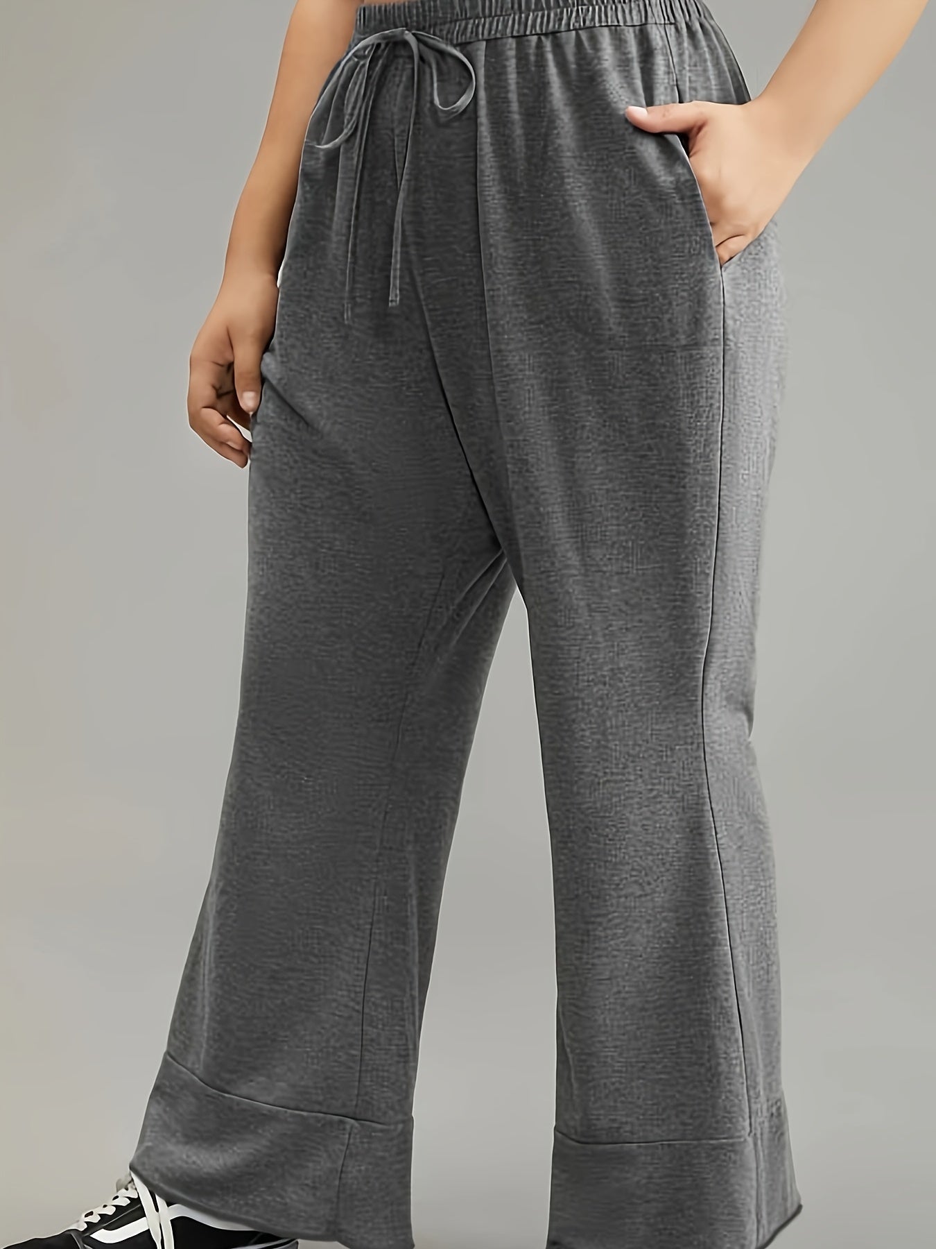 Women's Plus Size Solid Drawstring Flared Leg Trousers