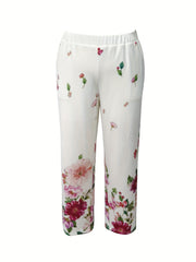 Floral Print High Rise Stretch Straight Leg Pants with Pockets